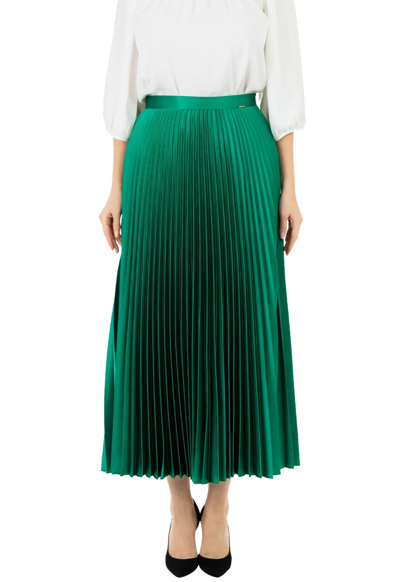 Emerald Green Satin Acetate Pleated Maxi Skirt