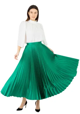 Emerald Green Satin Acetate Pleated Maxi Skirt