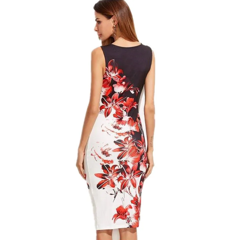 Fashion Sleeveless Print Slim Bodycon Midi Office Dress