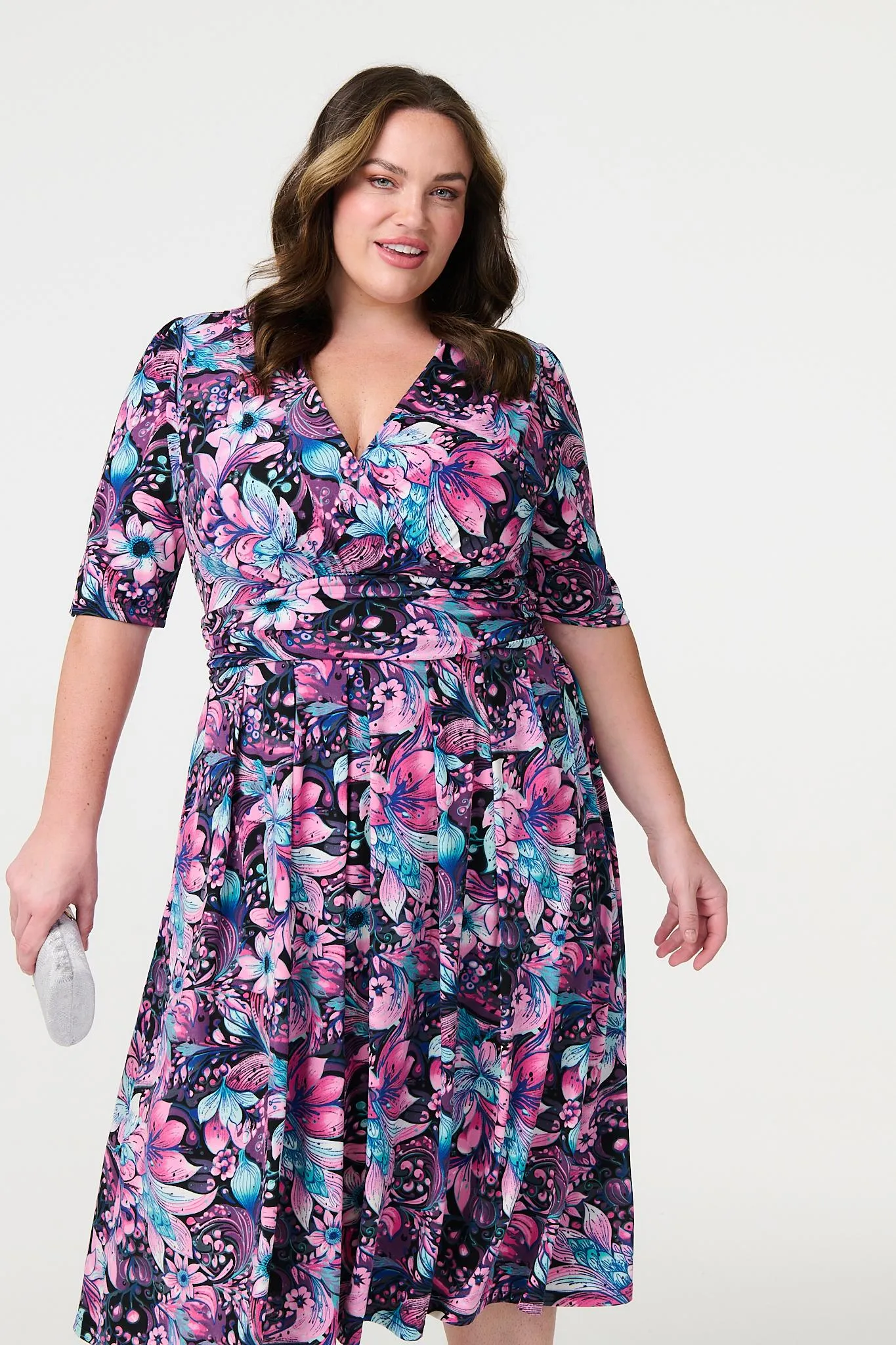 Floral Faux Wrap Front Midi Dress