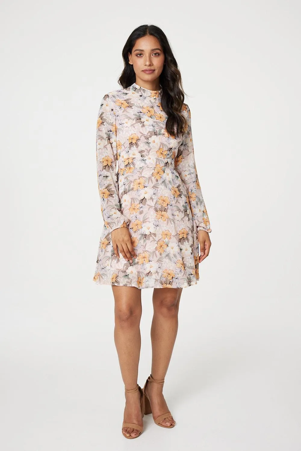 Floral High Neck Short Dress