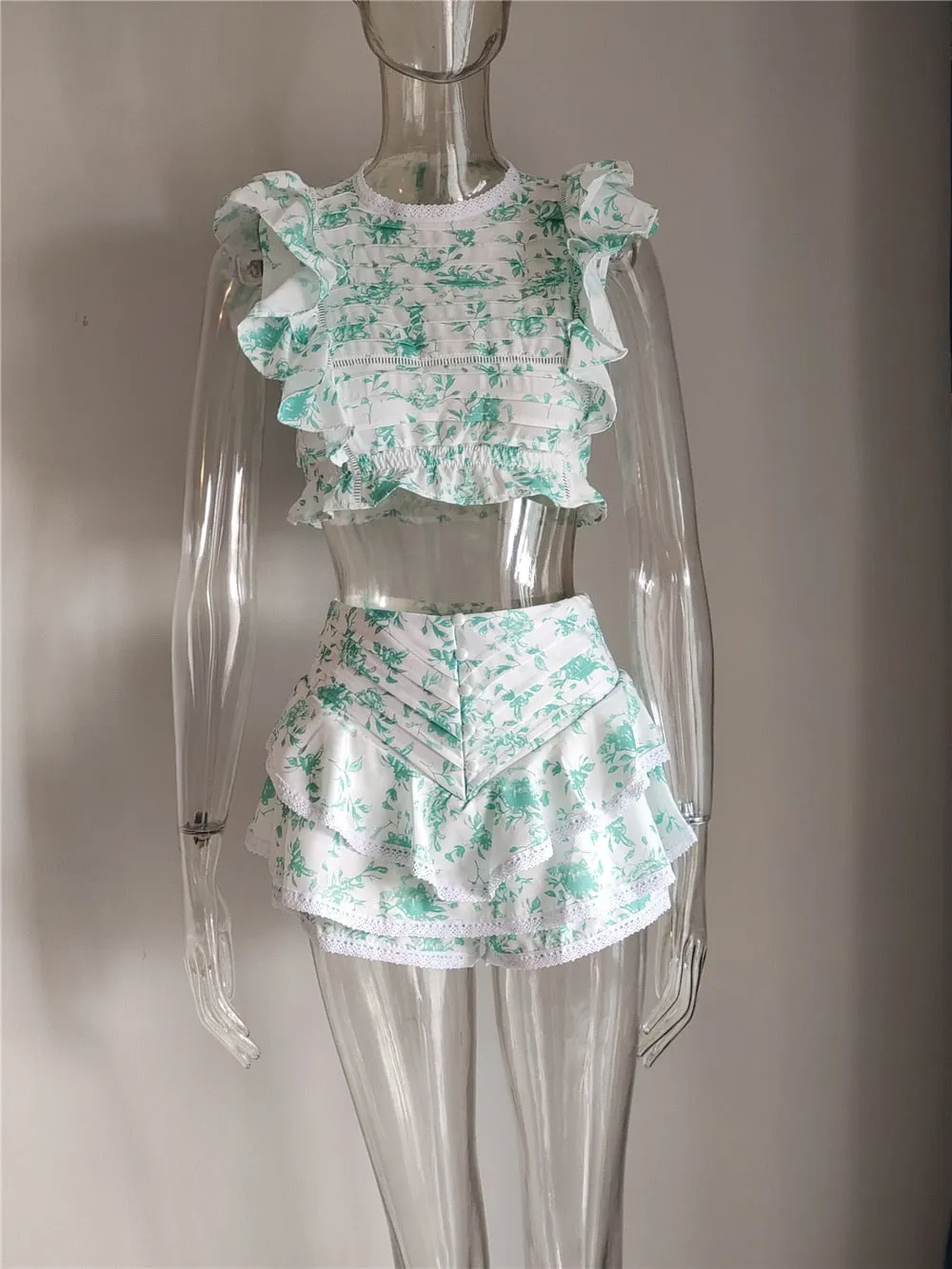 Floral Lace Ruffled Crop Top and Mini Skirt Set