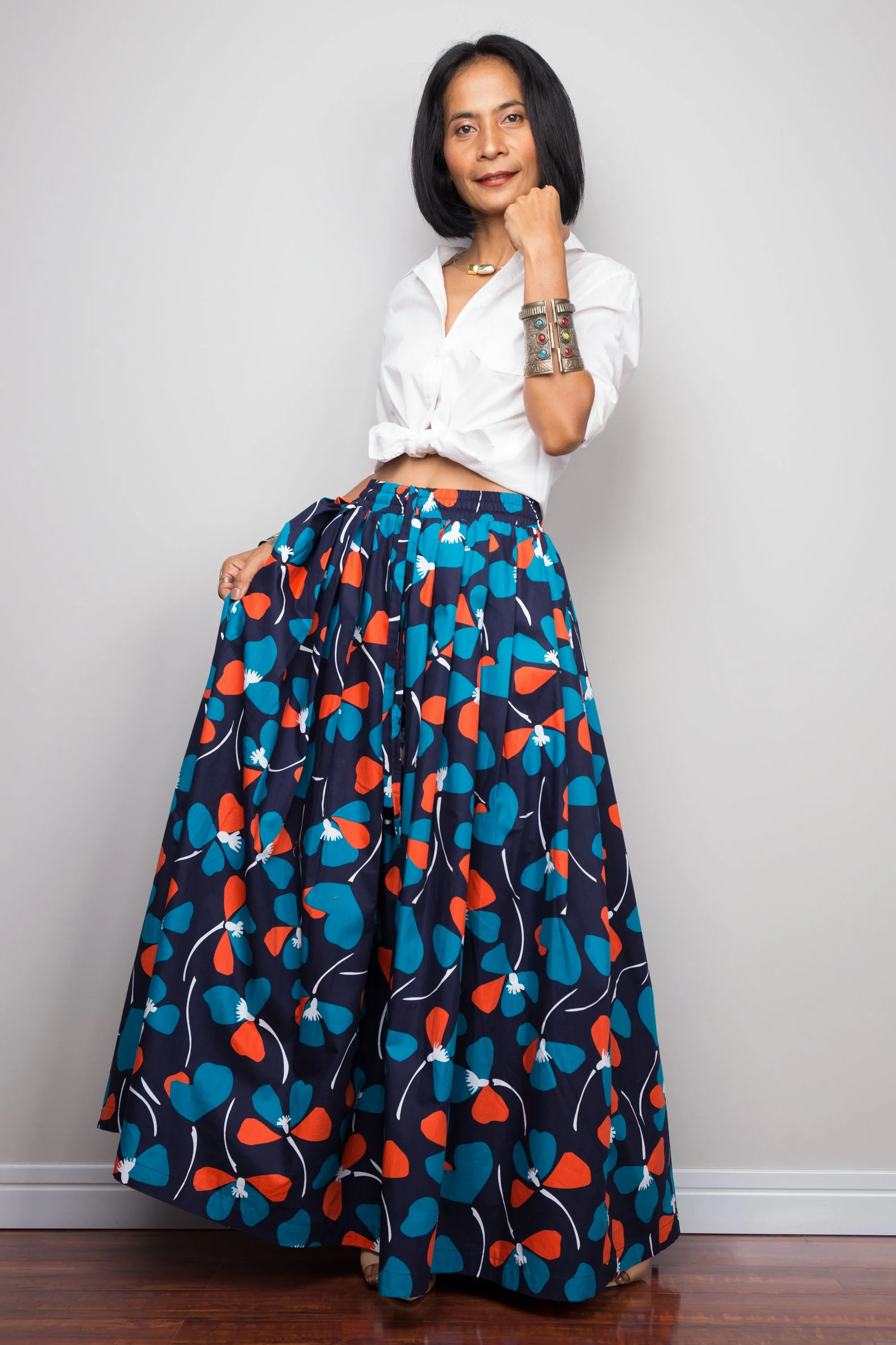 Floral skirt,  Pleated maxi skirt, blue cotton summer skirt