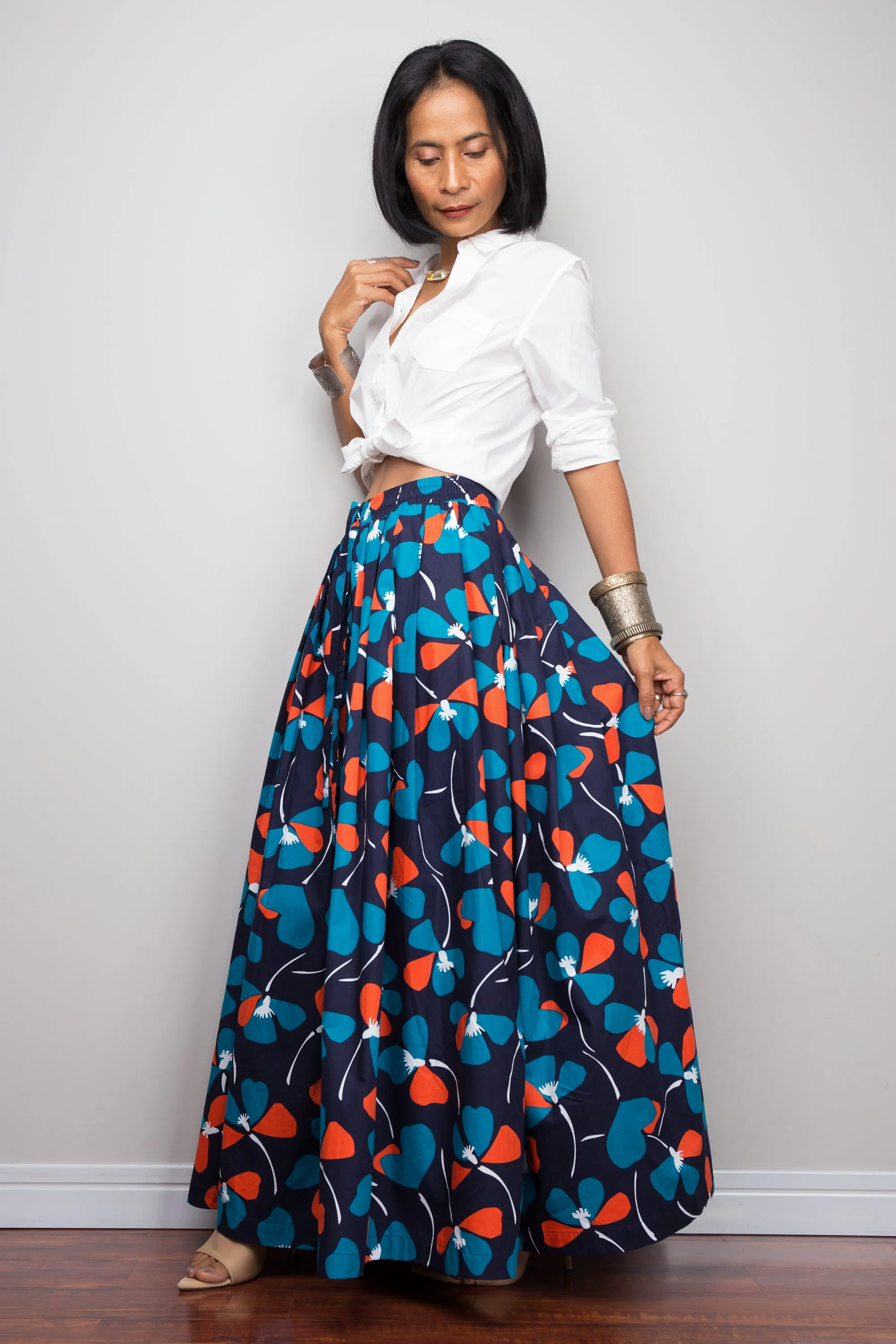 Floral skirt,  Pleated maxi skirt, blue cotton summer skirt