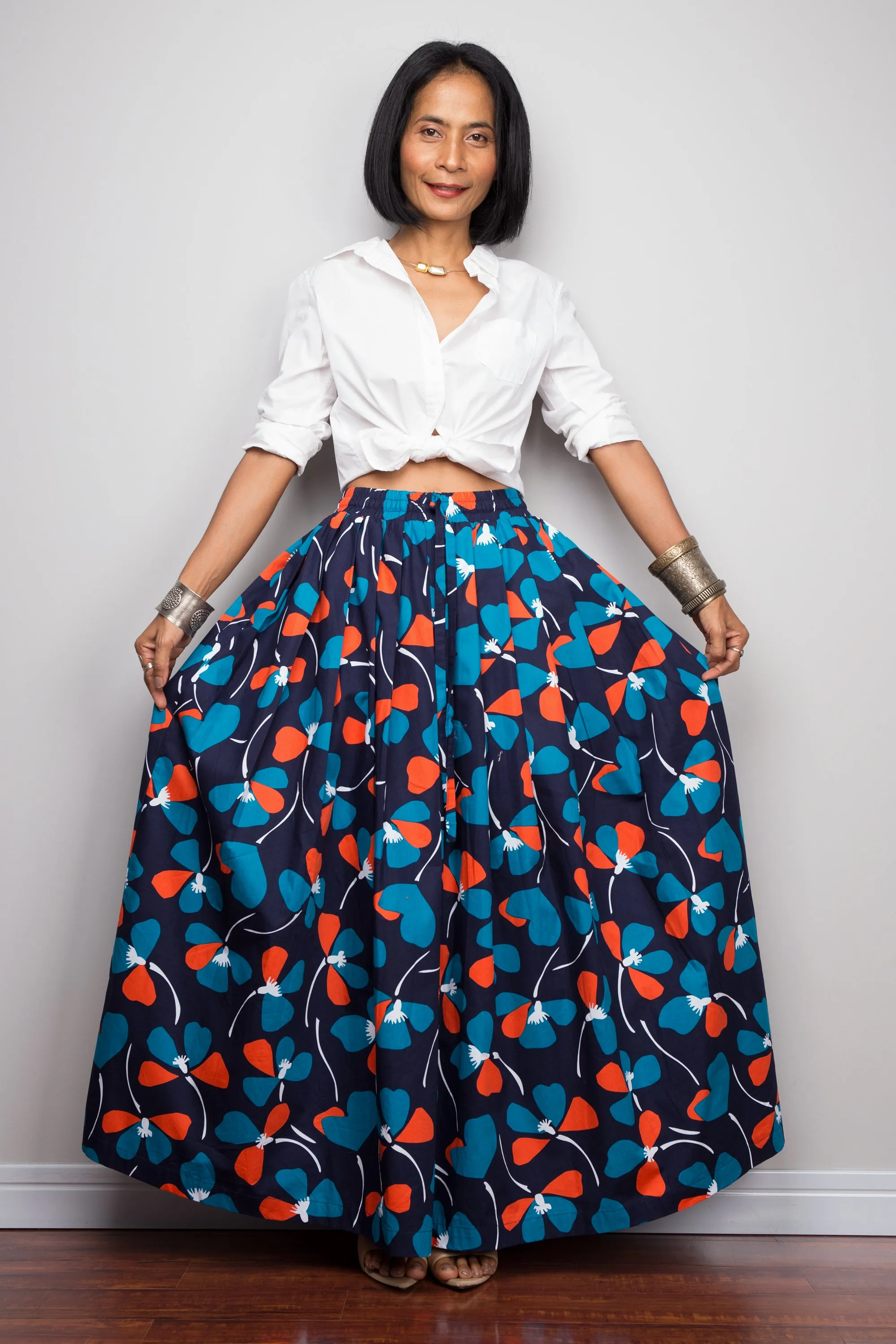 Floral skirt,  Pleated maxi skirt, blue cotton summer skirt