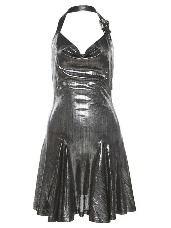 Flytonn- Metallic Cowl Halter Neck Pleated Mini Dress