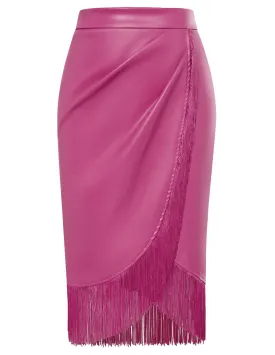 Fringe Bodycon Leather Skirt with Slit Knee Length Pencil Skirt