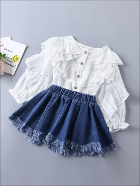 Girls Boho Ruffled Top and Denim Frayed Skirt Set