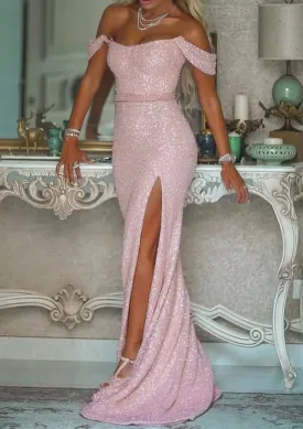 Glitter Off Shoulder Slit Mermaid Sweep Long Pink Sequin Prom Dress