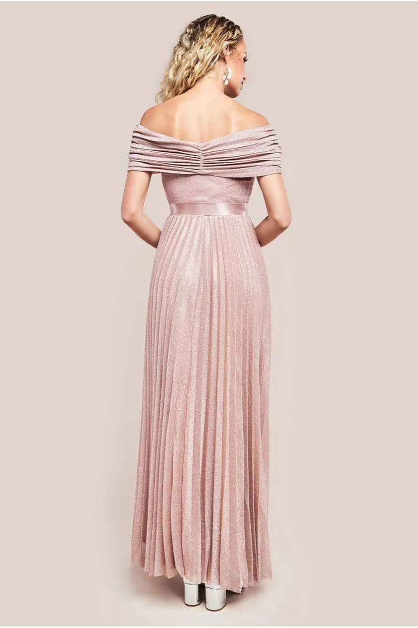 Goddiva Bardot Pleated Skirt Maxi Dress - Blush