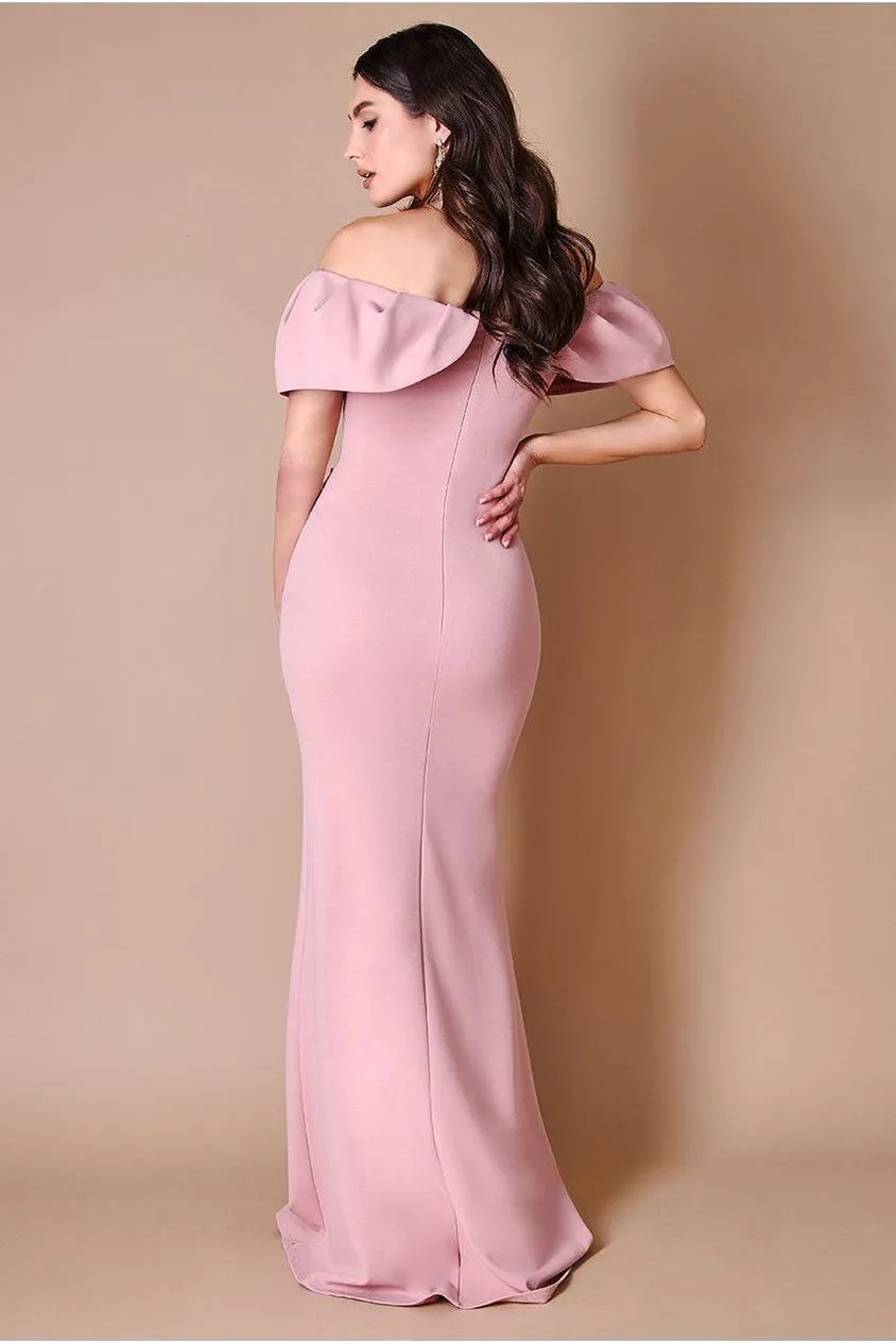 Goddiva Scuba Crepe Pleated Bardot Maxi - Blush