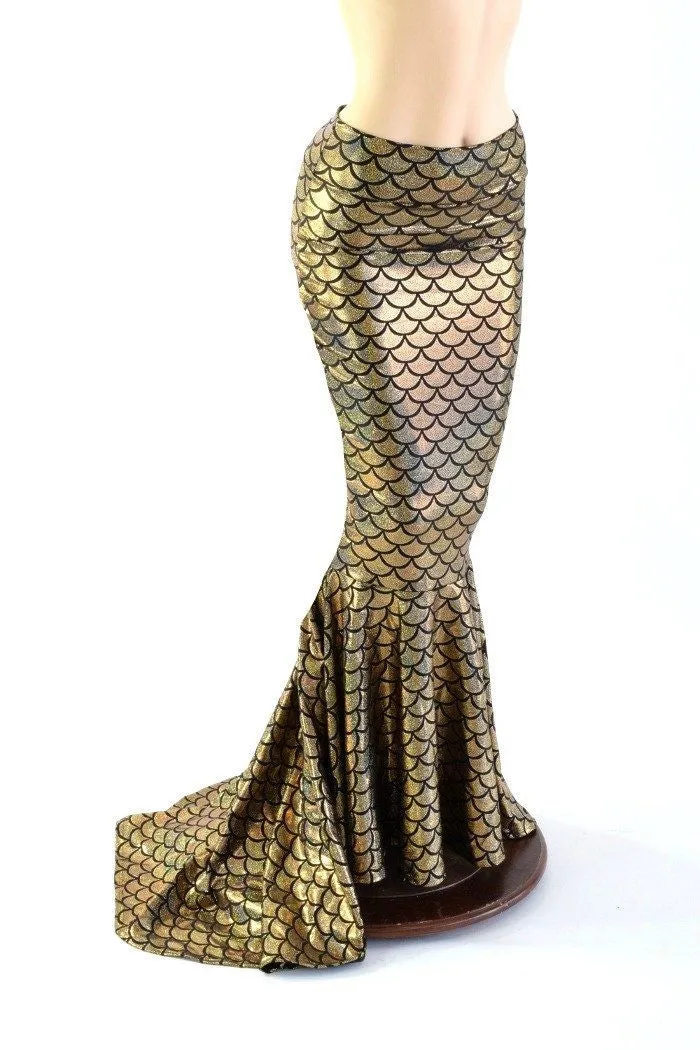 Gold High Waist Mermaid Skirt with Puddle Train