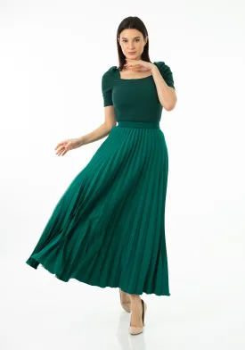 Green Pleated Maxi Skirt Elastic Waist Band Ankle Length Plisse Skirt