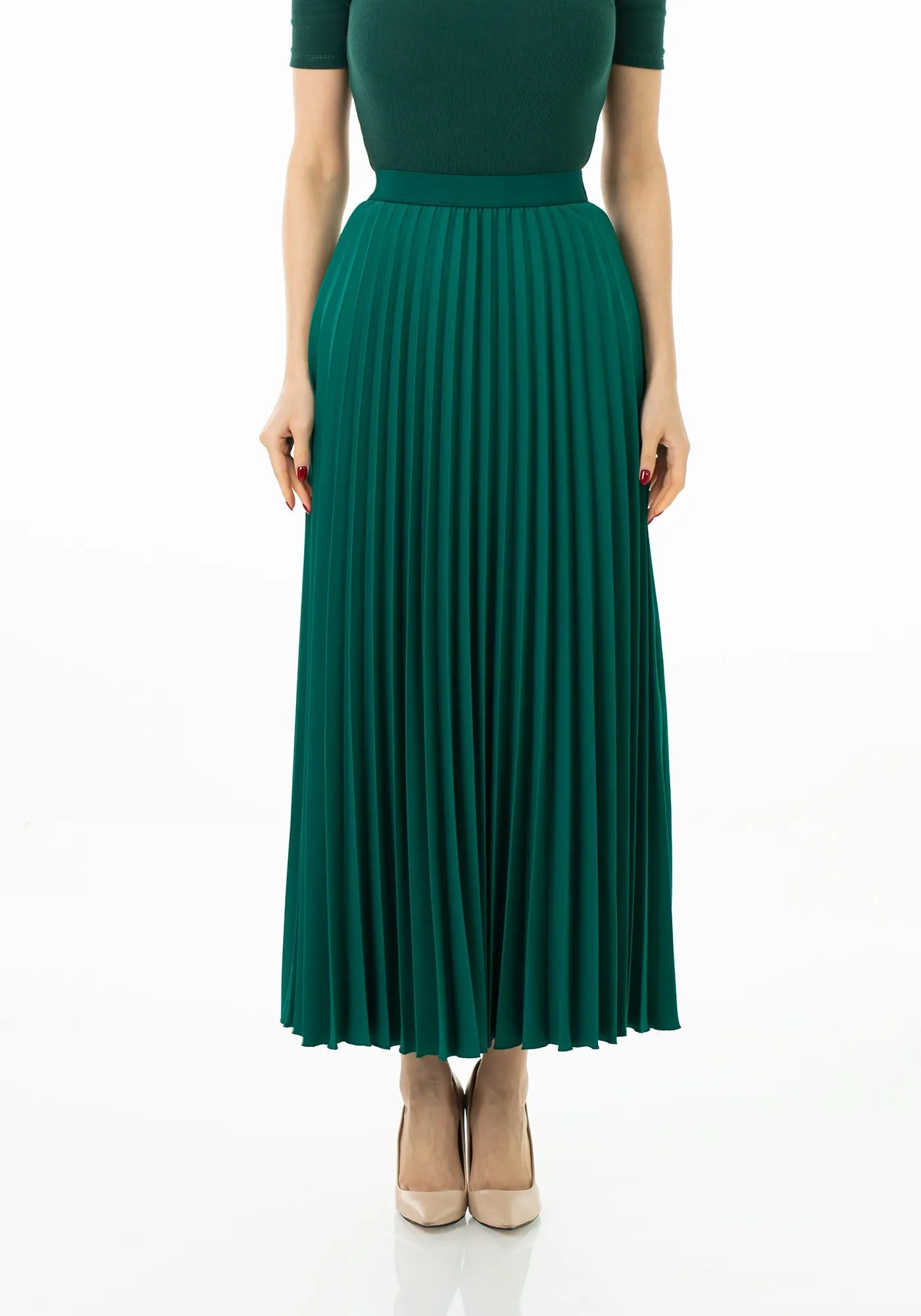 Green Pleated Maxi Skirt Elastic Waist Band Ankle Length Plisse Skirt