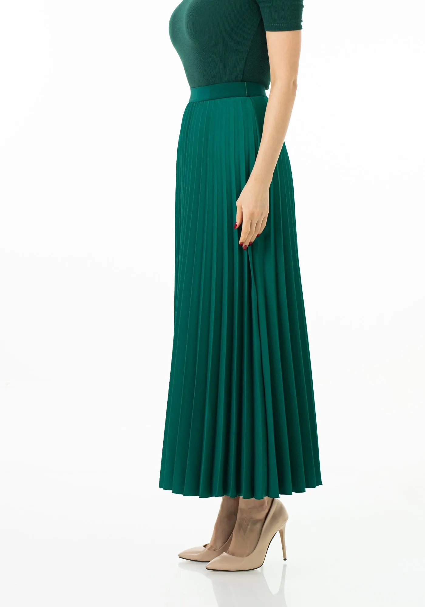 Green Pleated Maxi Skirt Elastic Waist Band Ankle Length Plisse Skirt