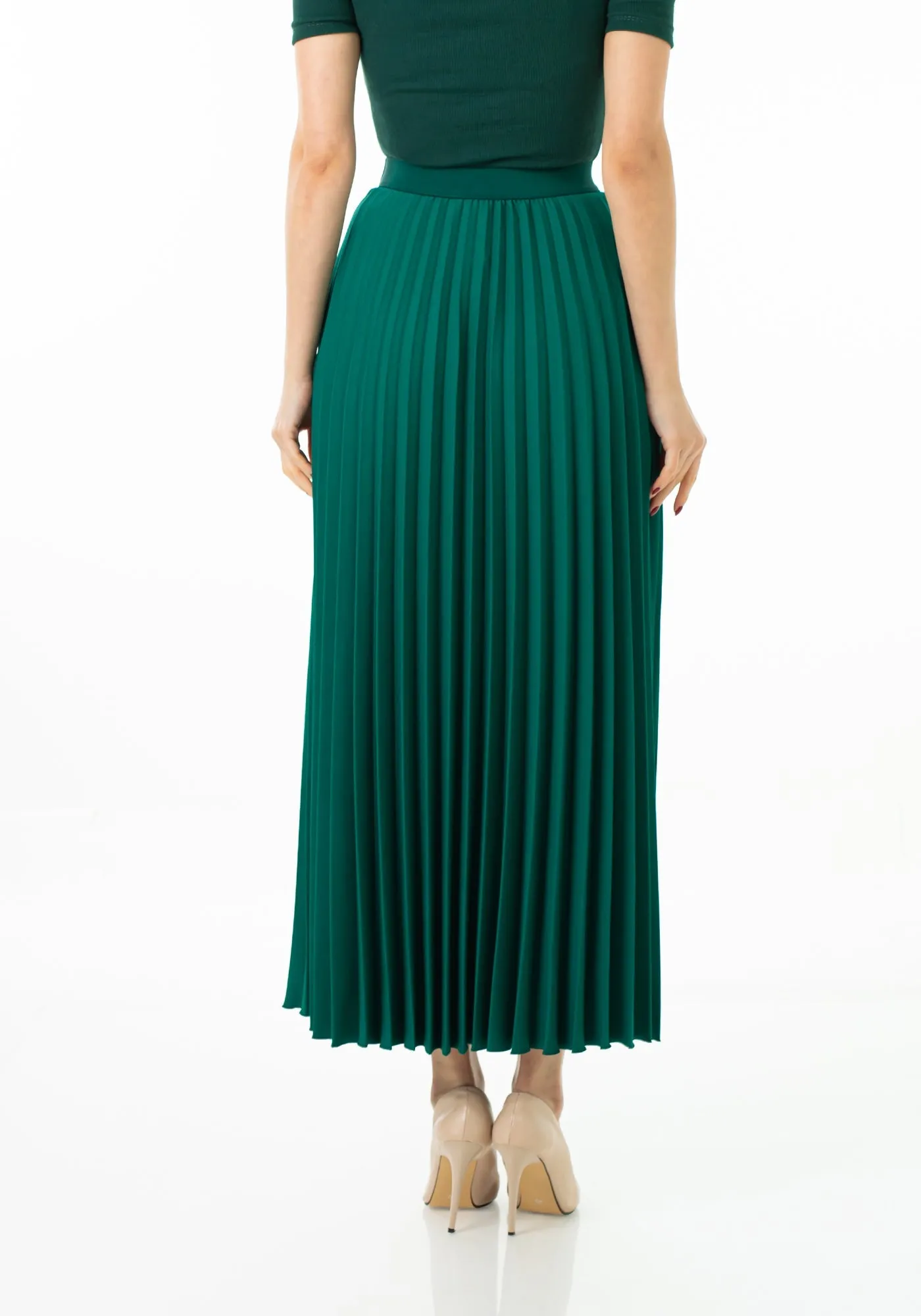 Green Pleated Maxi Skirt Elastic Waist Band Ankle Length Plisse Skirt