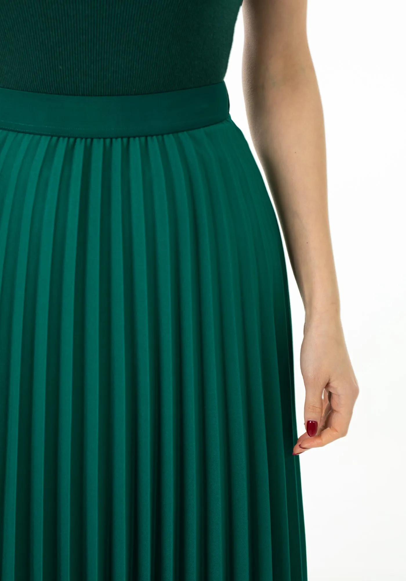 Green Pleated Maxi Skirt Elastic Waist Band Ankle Length Plisse Skirt