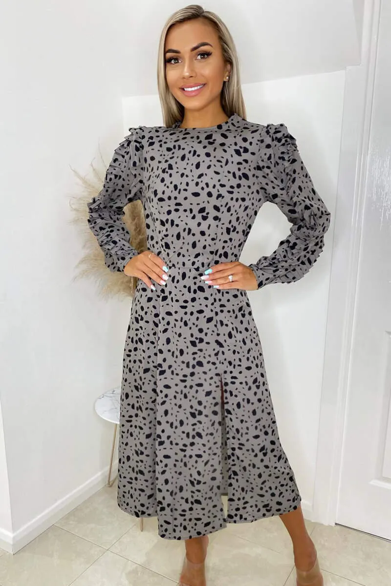 Grey Printed Long Pleated Sleeve Midi Dress