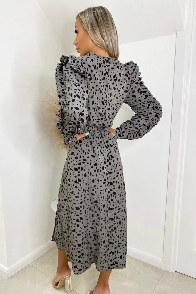 Grey Printed Long Pleated Sleeve Midi Dress