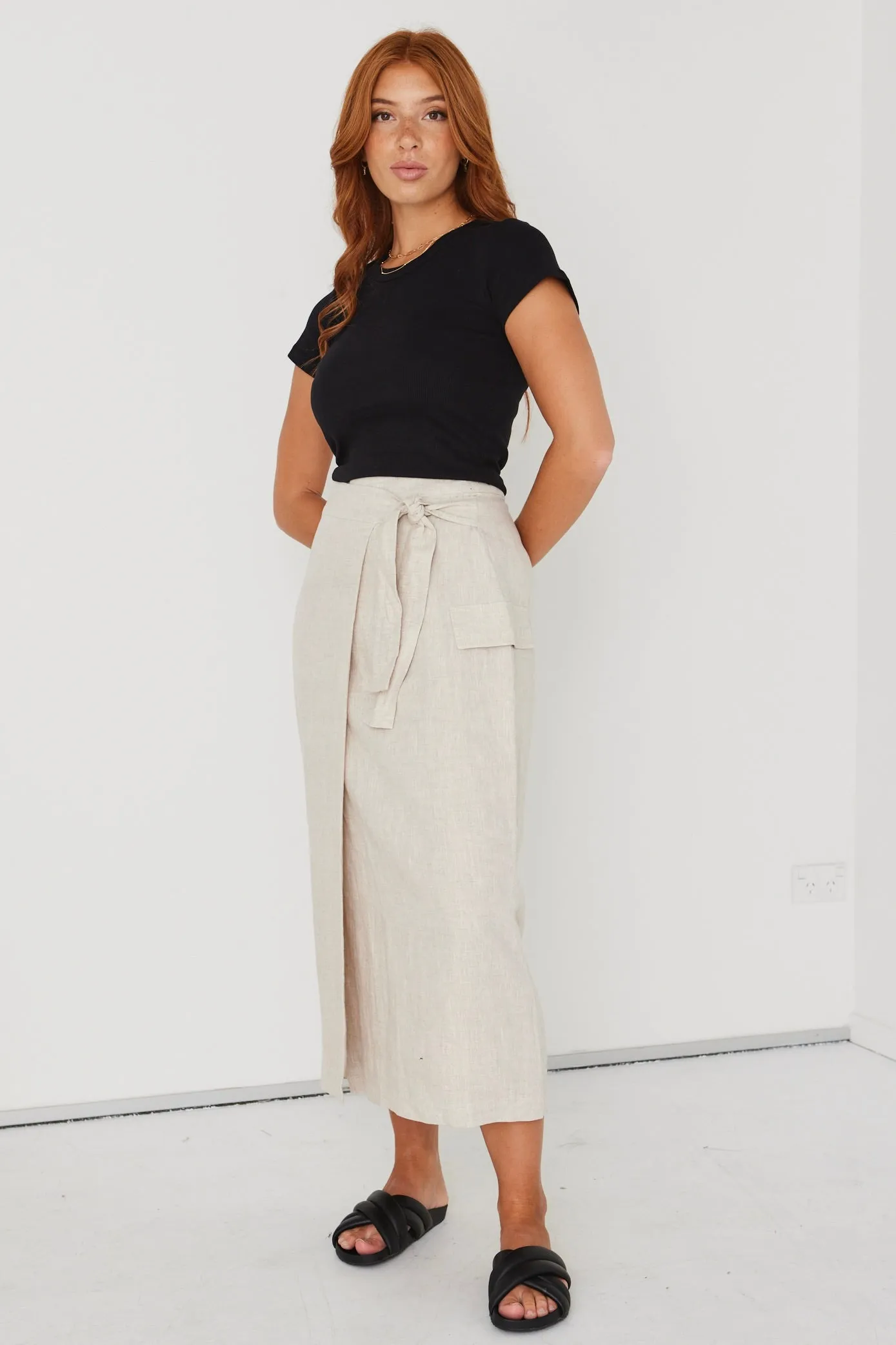 Grounded Natural Linen Wrap Cargo Midi Skirt