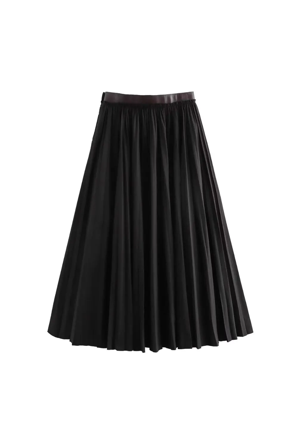 'Hailey' Leather-Paneled Black Pleated Skirt