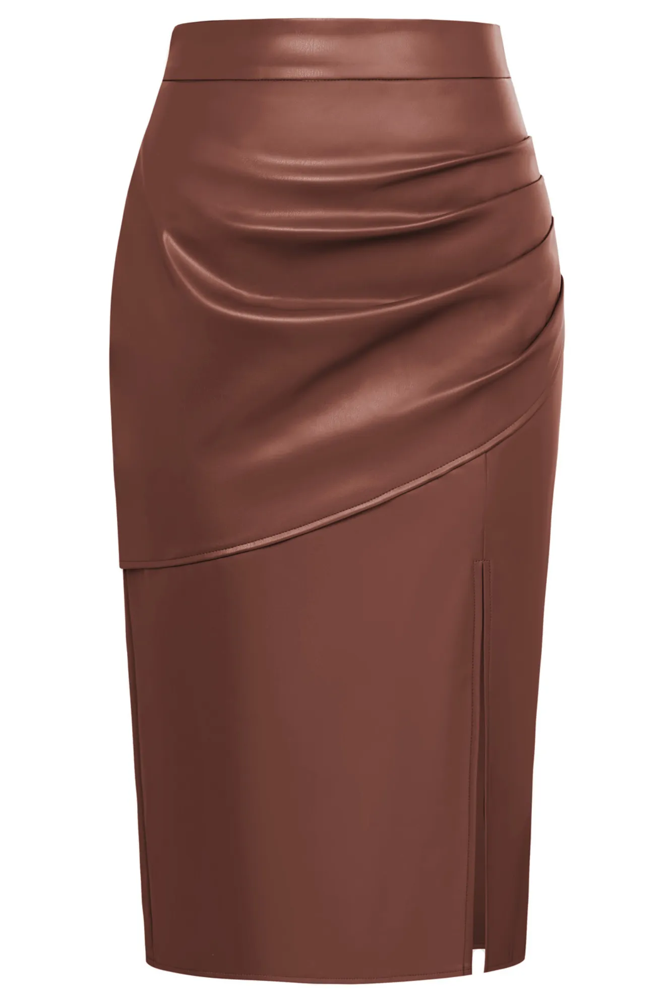 KK Women Front Slit Polyurethane Leather Skirt Elastic Waist Ruched Skirt