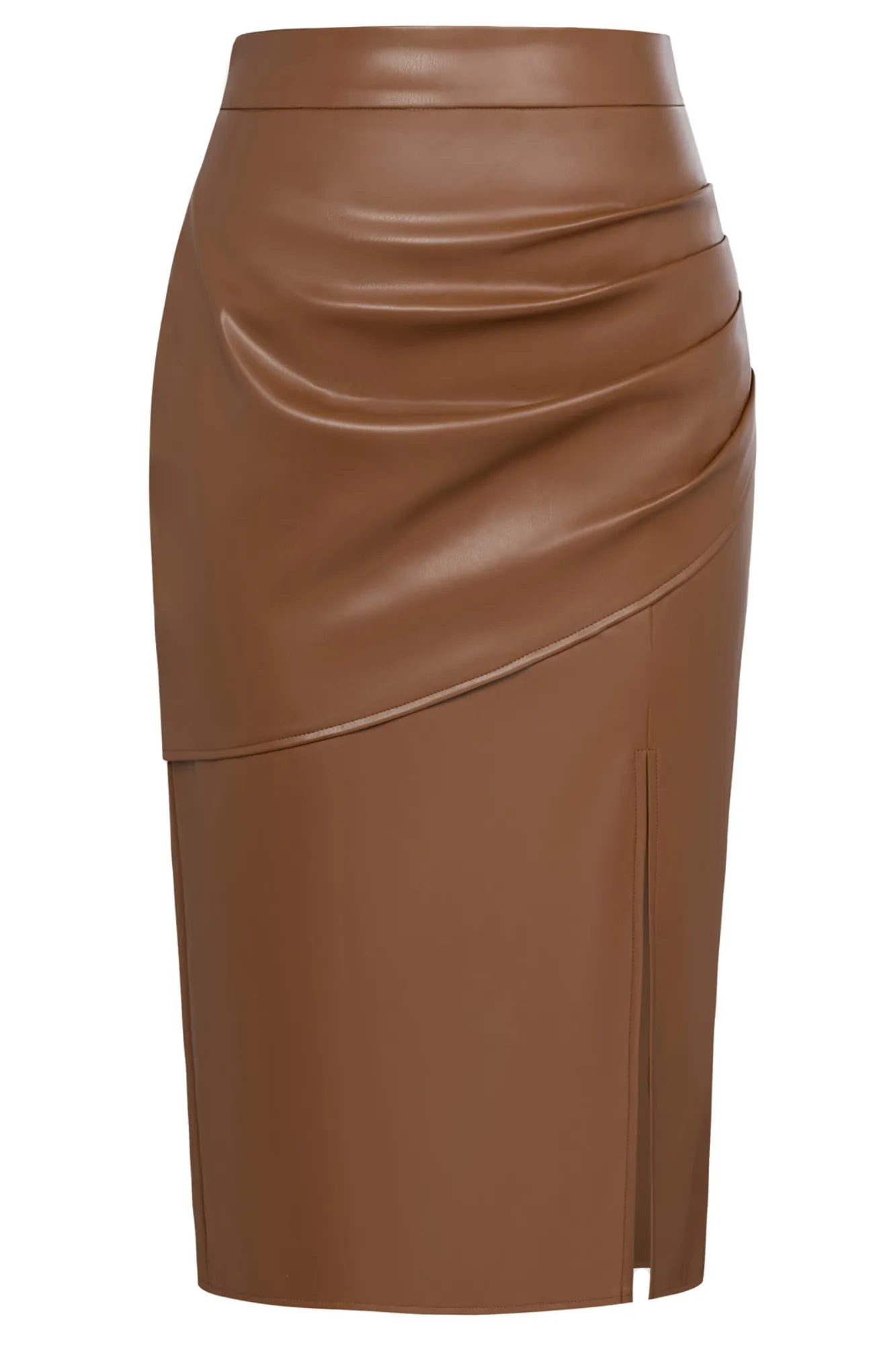 KK Women Front Slit Polyurethane Leather Skirt Elastic Waist Ruched Skirt