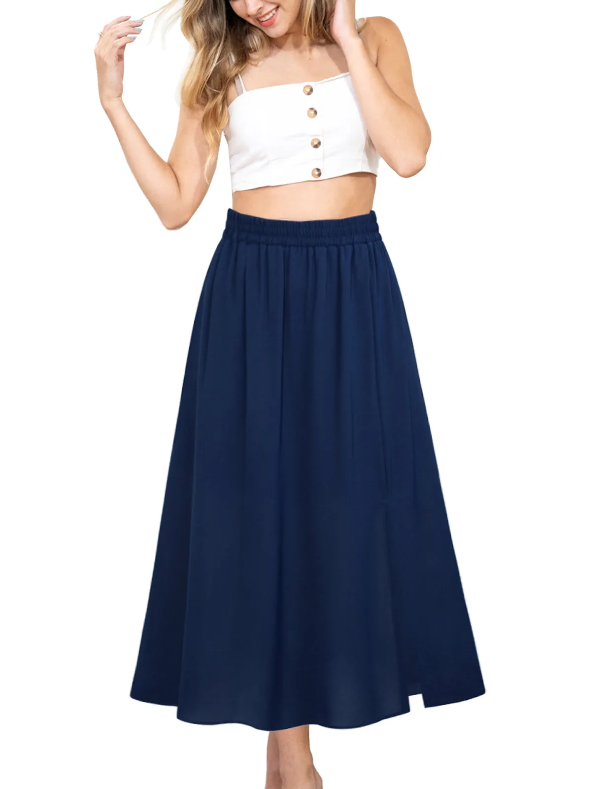 KK Women Front Slit Swing Skirt Elastic High Waist Below Mid-Calf A-Line Skirt