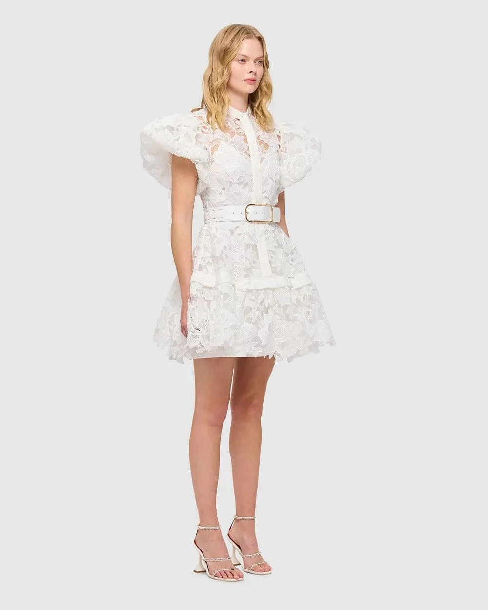 Leo Lin Sonia Bishop Sleeve Lace Mini Dress White