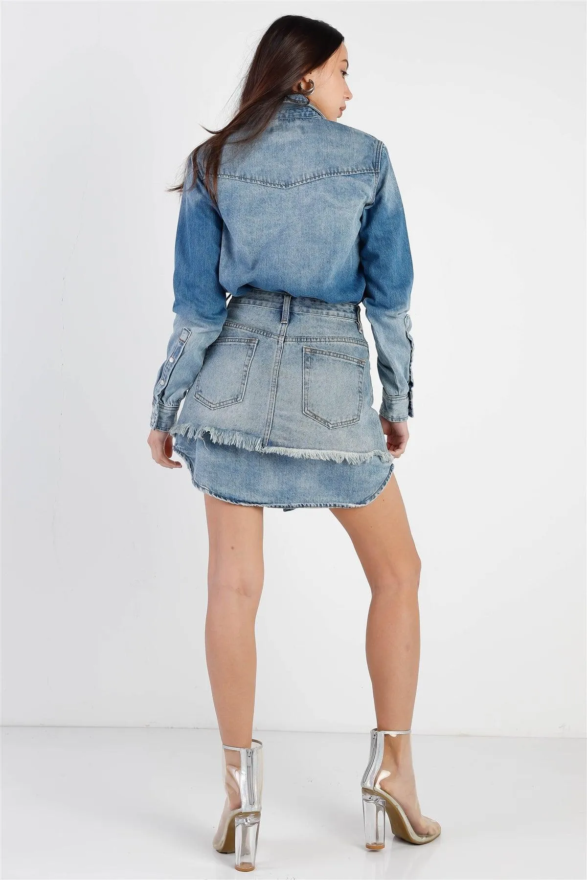 Light Denim Cotton Button Up Long Shirt & Mini Skirt Set /2-1-2