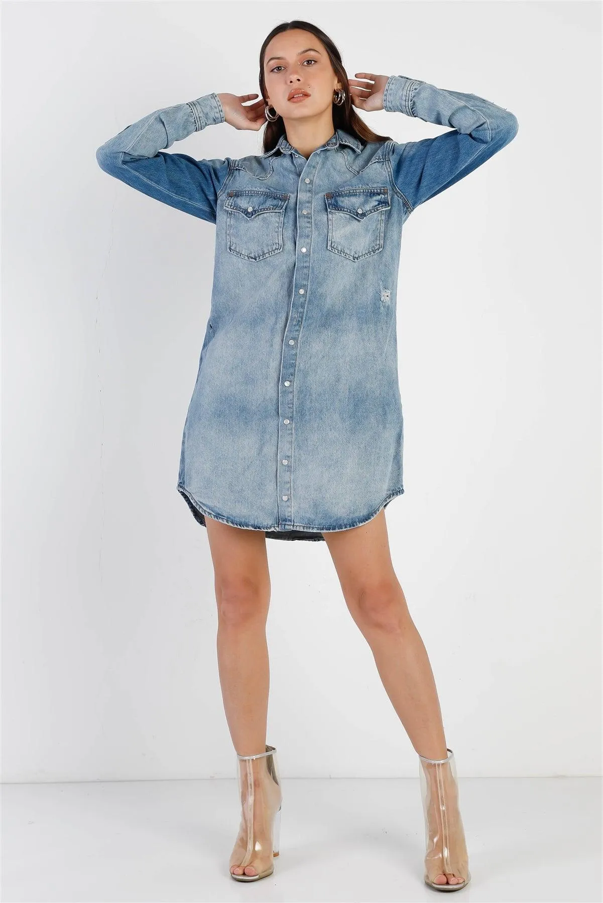 Light Denim Cotton Button Up Long Shirt & Mini Skirt Set /2-1-2