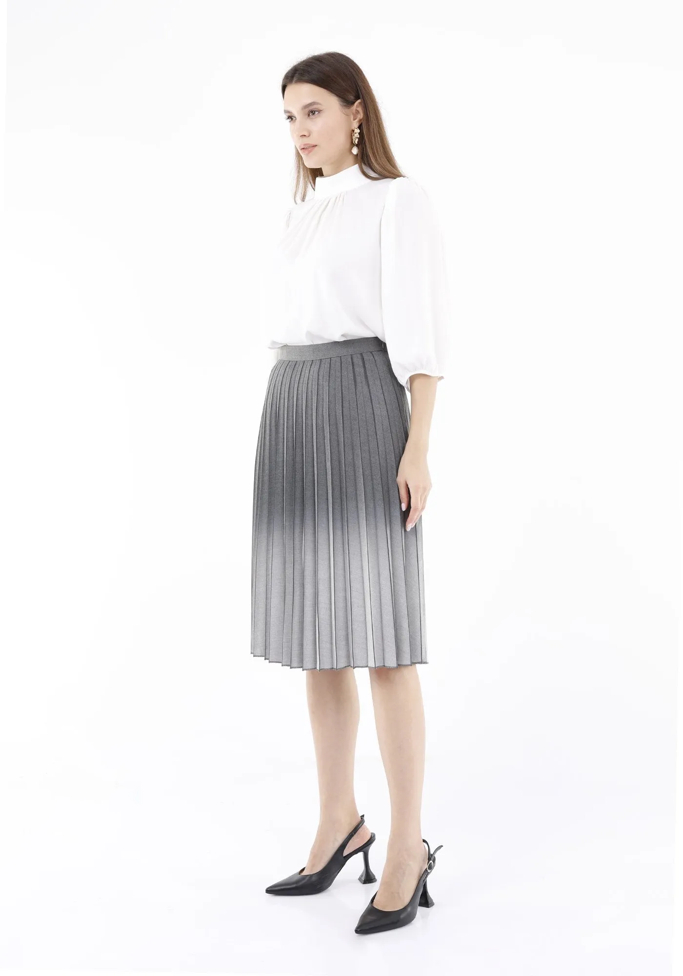 Light Grey High Waist Plisse Pleated Midi Skirt