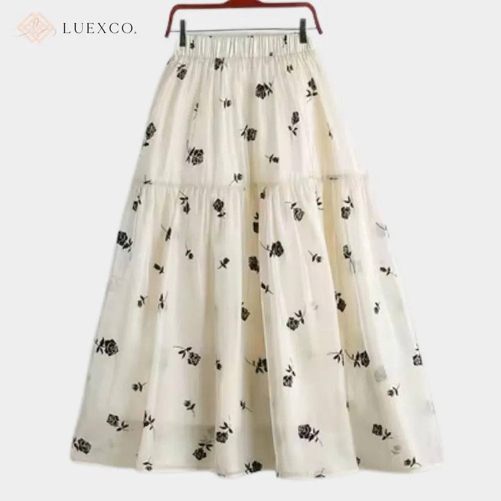 Luexco Mid Length Chiffon Floral Skirt