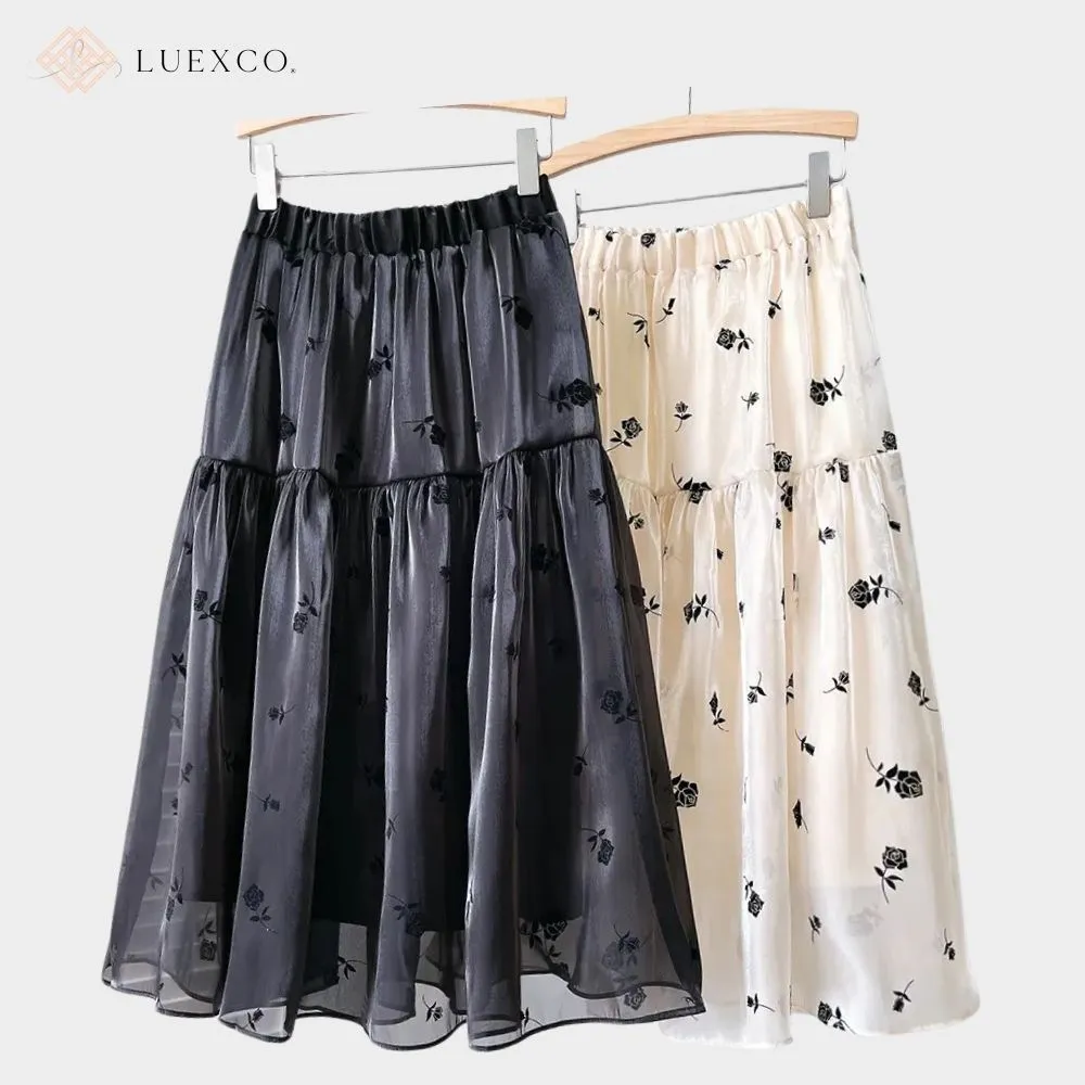 Luexco Mid Length Chiffon Floral Skirt