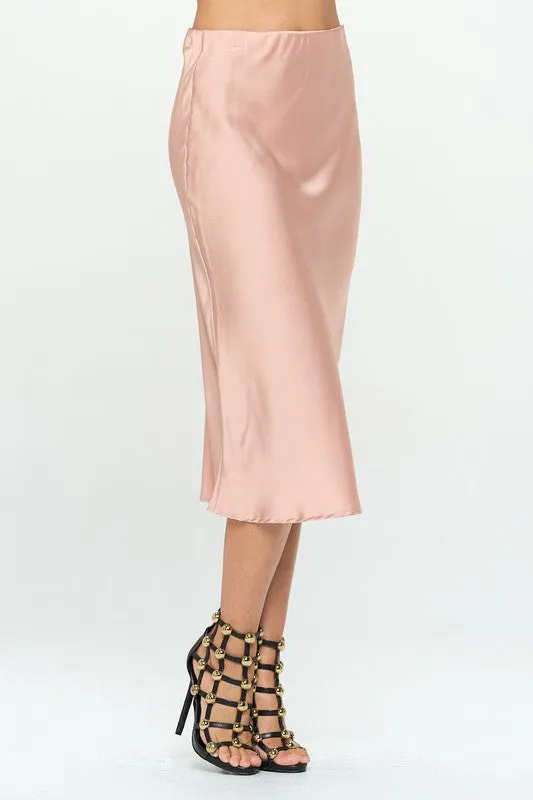 Made in USA Solid Stretch Satin Midi Skirt