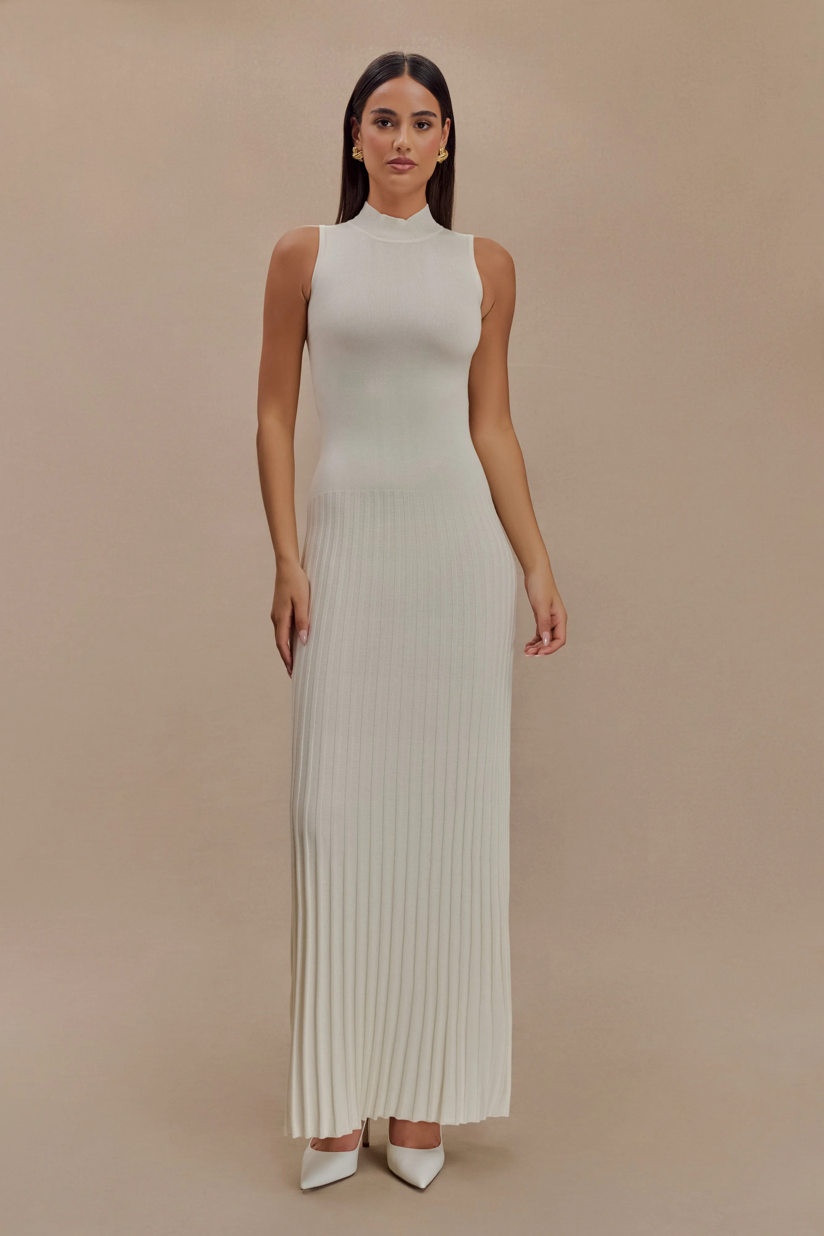 Mavis High Neck Pleated Maxi Dress - Ivory