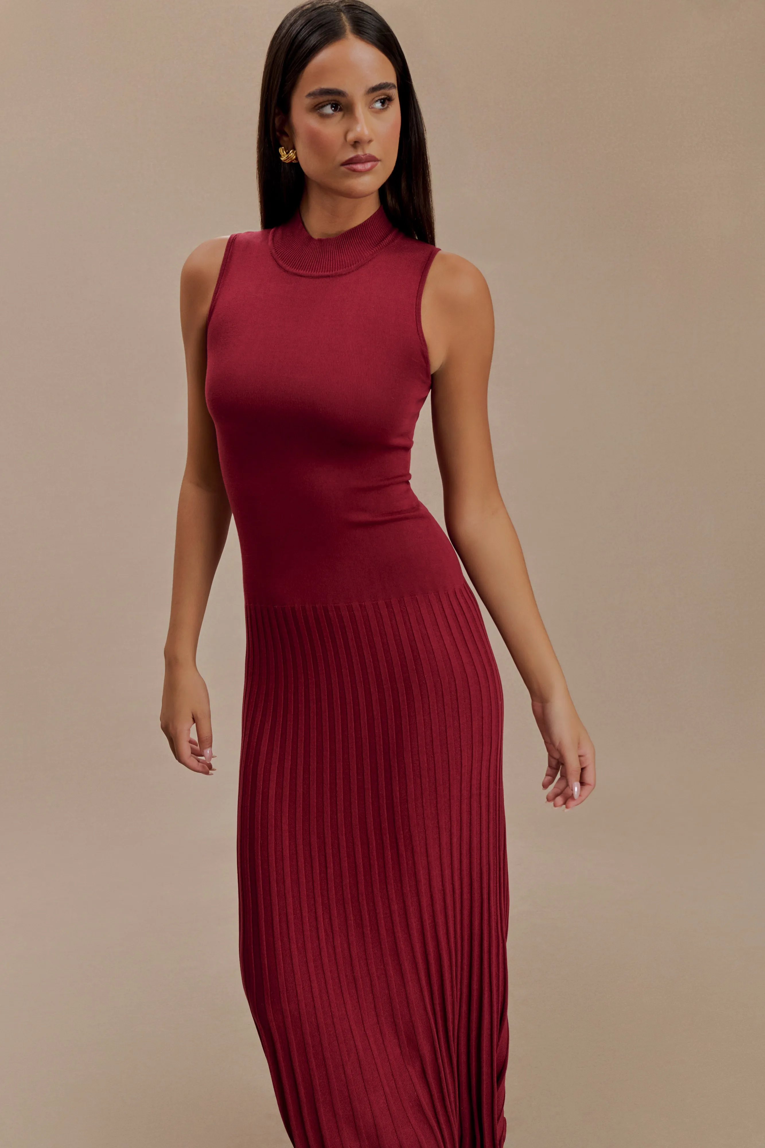 Mavis High Neck Pleated Maxi Dress - Mahogany