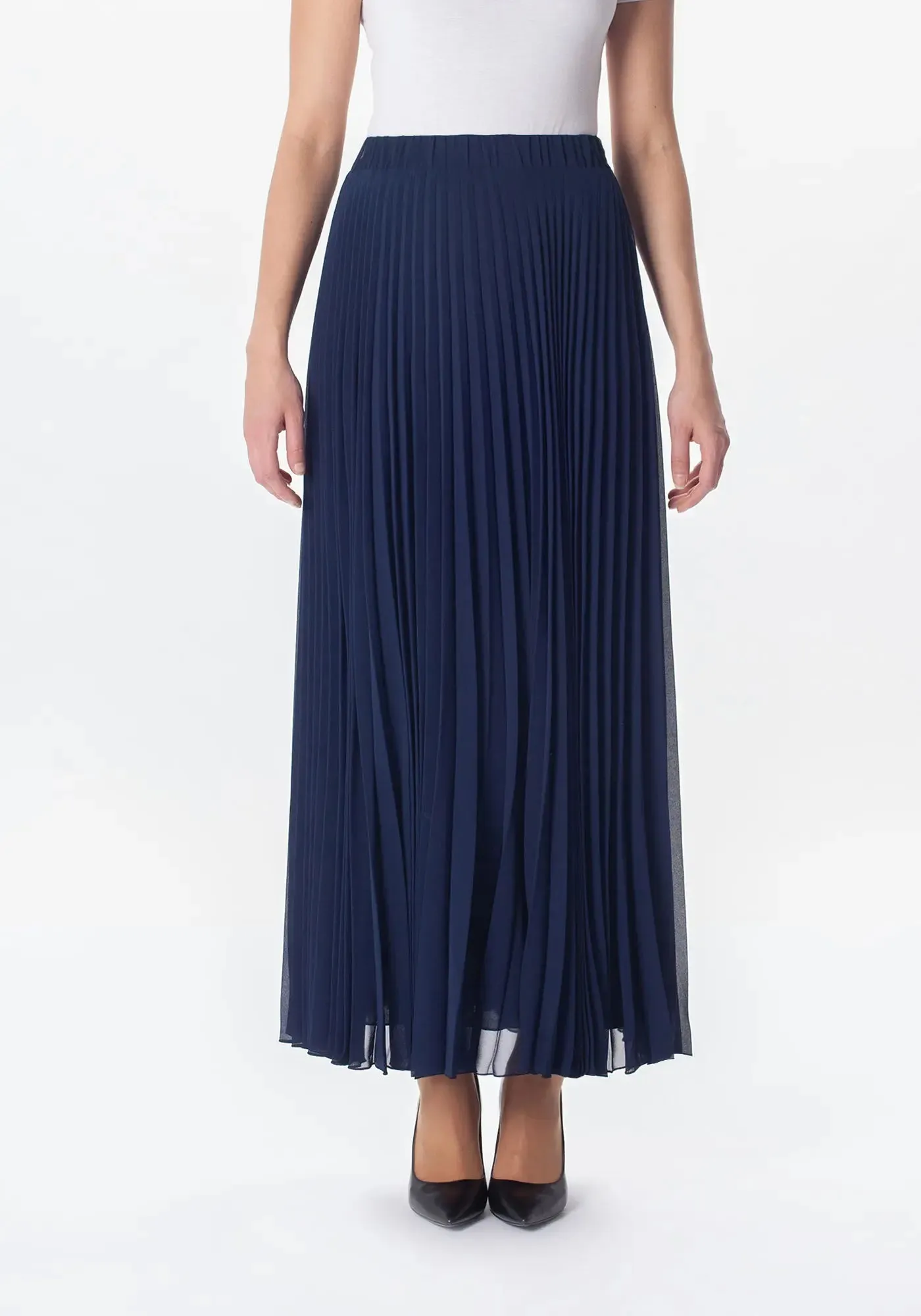 Navy Chiffon Pleated Maxi Skirt with Elastic Waist Band