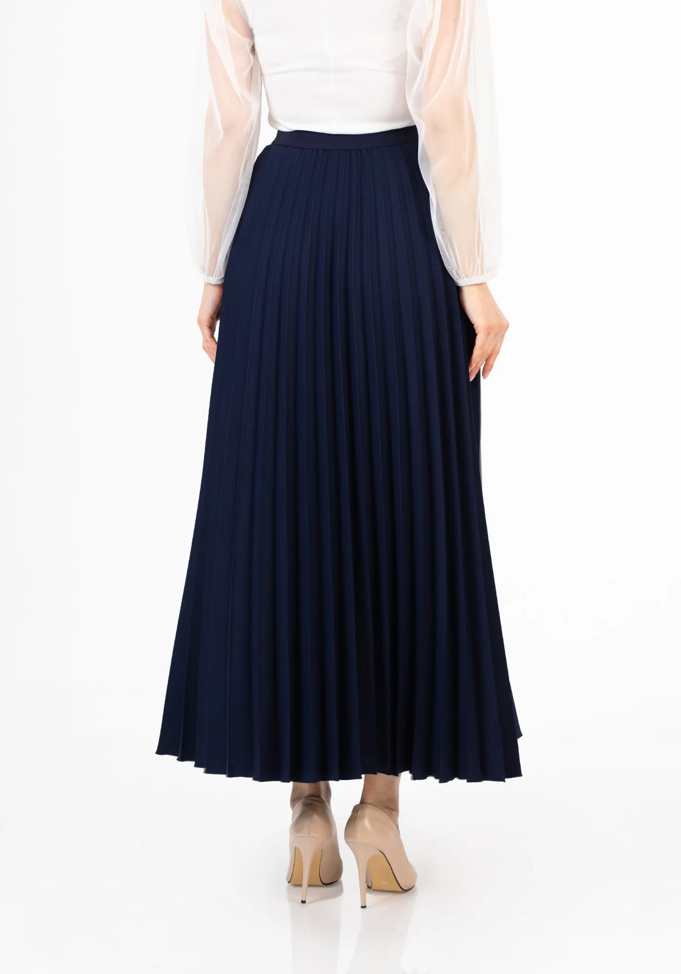 Navy Pleated Maxi Skirt Elastic Waist Band Ankle Length Plisse Skirt