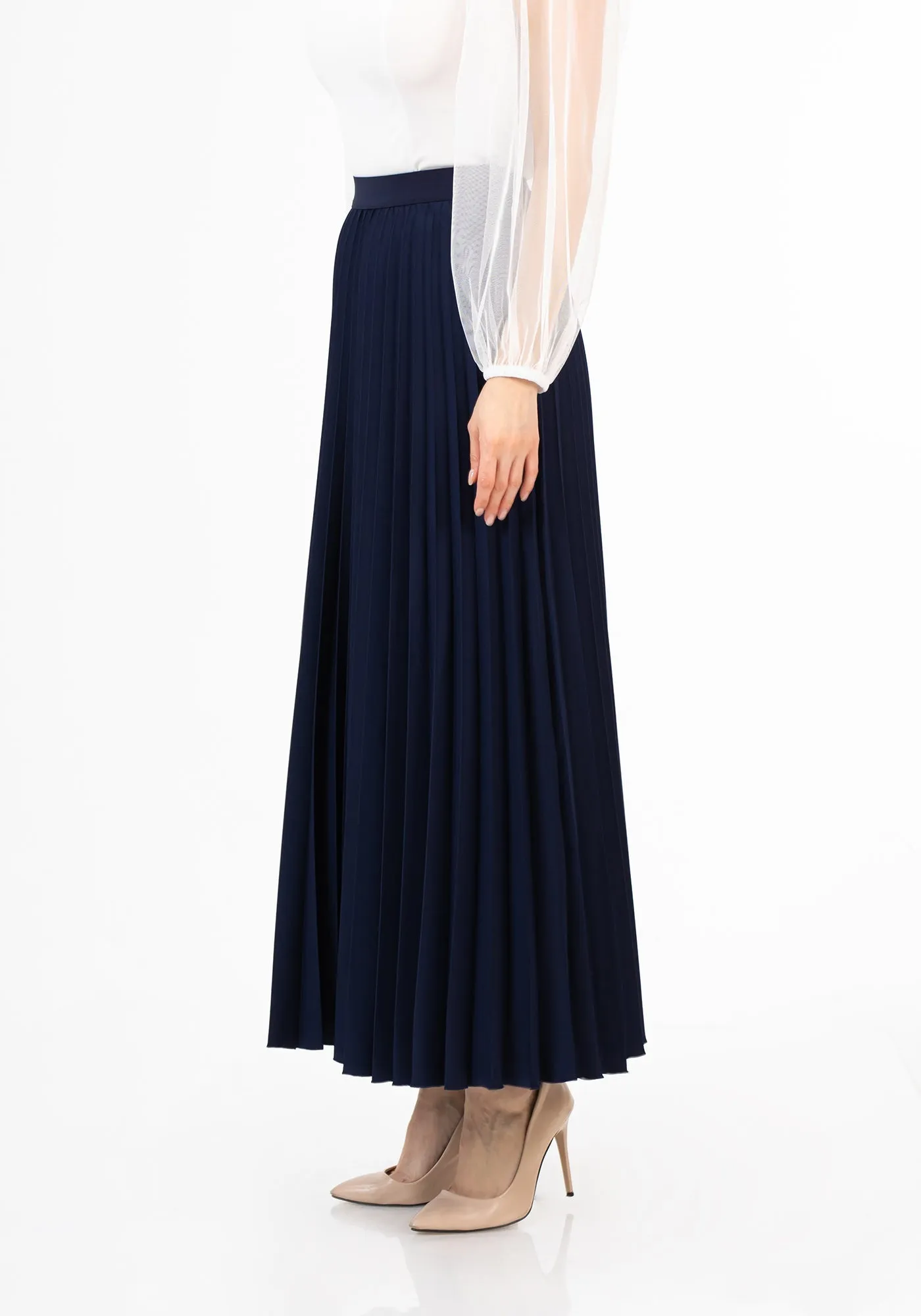 Navy Pleated Maxi Skirt Elastic Waist Band Ankle Length Plisse Skirt