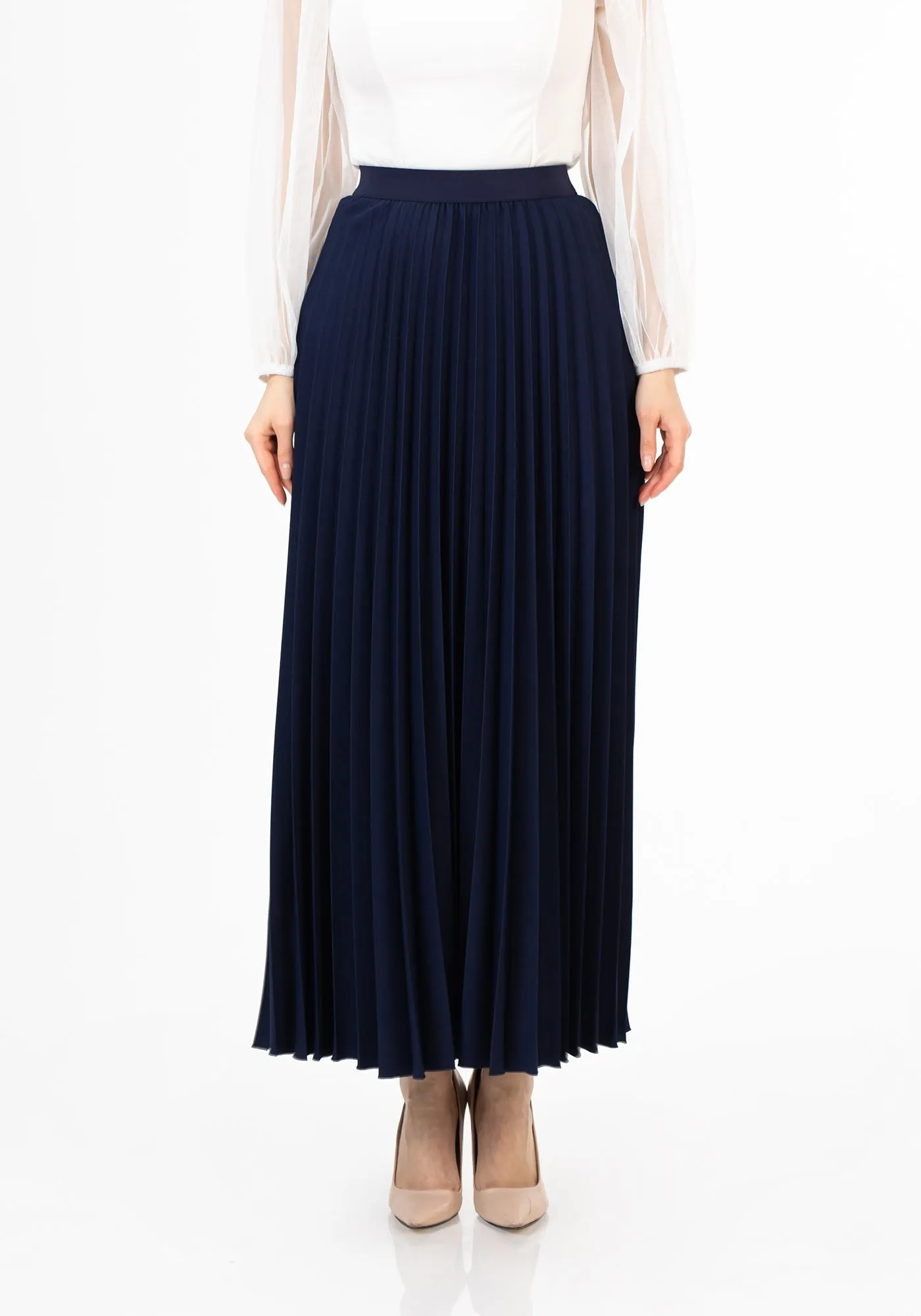 Navy Pleated Maxi Skirt Elastic Waist Band Ankle Length Plisse Skirt