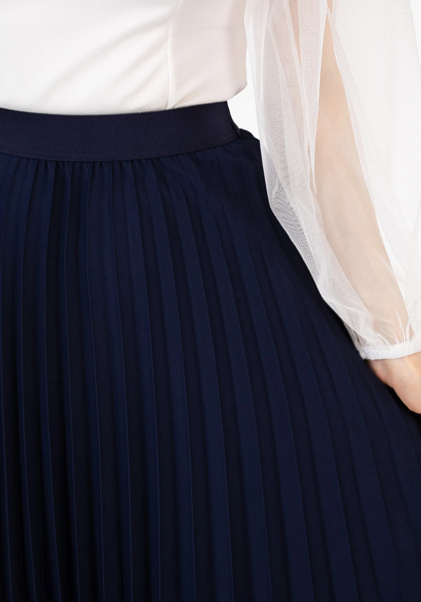 Navy Pleated Maxi Skirt Elastic Waist Band Ankle Length Plisse Skirt