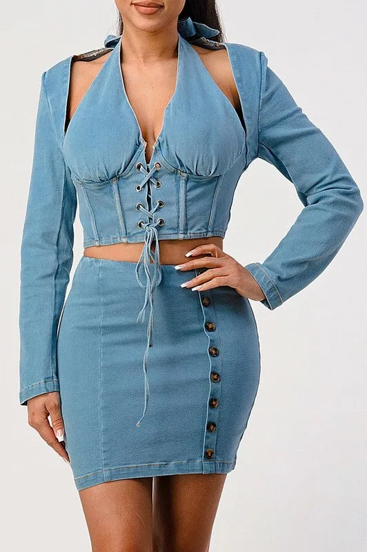 NEVER CROSS ME DENIM top and skirt set