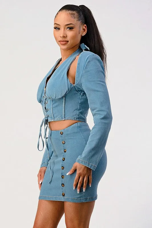 NEVER CROSS ME DENIM top and skirt set