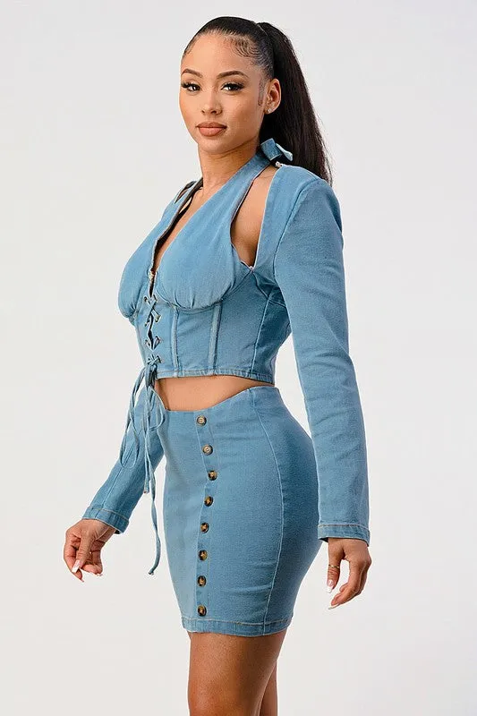 NEVER CROSS ME DENIM top and skirt set