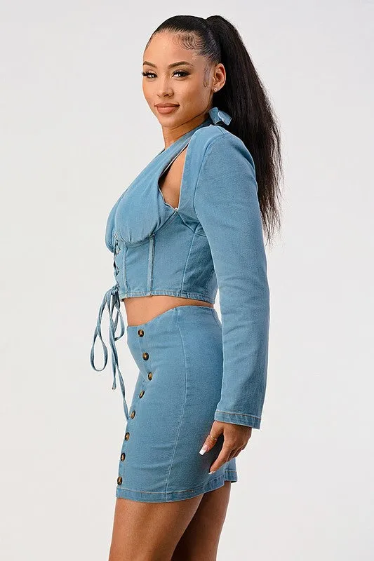 NEVER CROSS ME DENIM top and skirt set