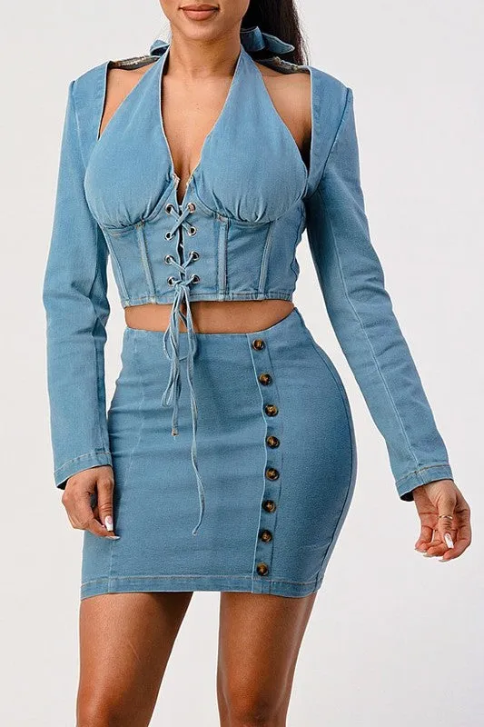 NEVER CROSS ME DENIM top and skirt set