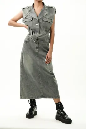 Notched Collar Cotton Denim Jacket with Skirt Coord Set