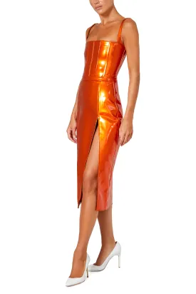 Orange Slit PVC Pencil Skirt