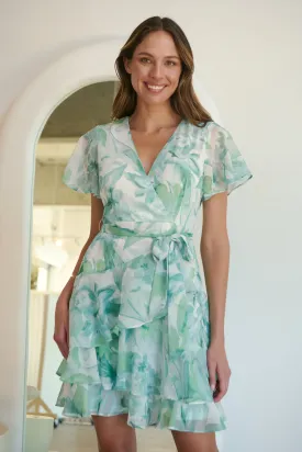 Paloma Chiffon Green/White Floral Cross Over Dress